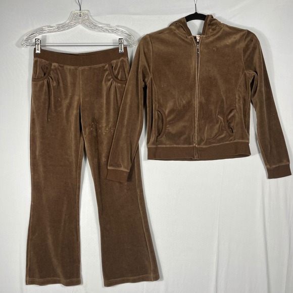 Vtg 90s Y2K Brown Glitter Trim Velour Tracksuit Hoodie Pants Set Girls XL Wms Sm - Picture 3 of 9